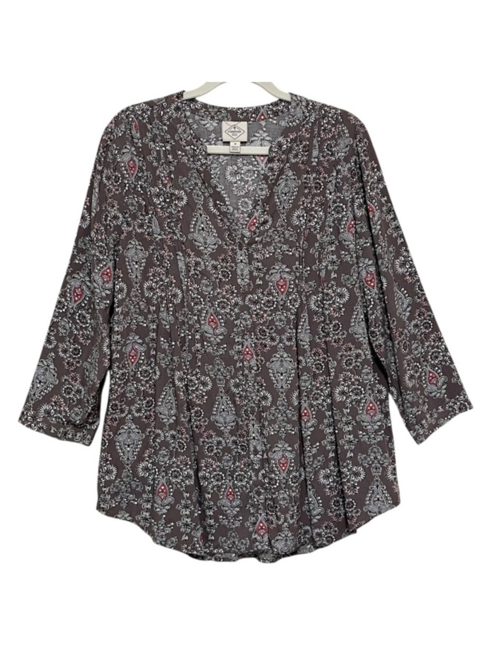St John's Bay Paisley Floral Blouse Lightweight Boho Cottage Relaxed Taupe Sz M